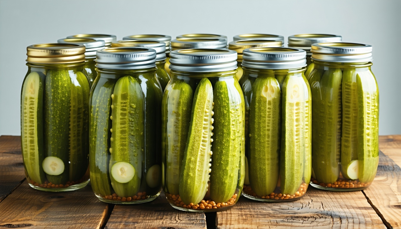 Jars of Piper's Pickles bread and butter pickles neatly arranged on a wooden table